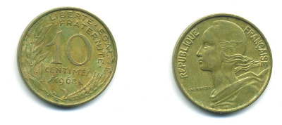ФРАНЦИЯ 10 САНТИМОВ 1968 ТИП MARIANNE KM 929, LE FRANC 144.8 алюминиевая бронза 84-1614