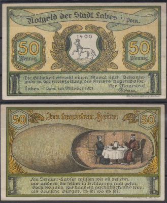 Лабес 50 пфеннигов 1921 DeNG 2 755.1d-1/4 бумага UNC (пресс) 8608-15-1-1