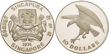 Сингапур 10 долларов 1974 ястреб в охоте, тираж 6000 экземпляров KM 31.1 серебро  PROOF  11-102-11