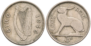 Ирландия 3 пенса 1946 заяц KM 12а медно-никель 92-223