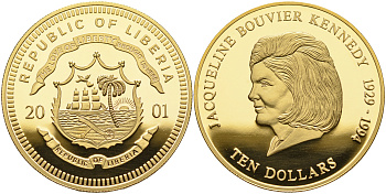 Либерия 10 долларов 2001 Жаклин Кеннеди медно-никель PROOF 02-070-26