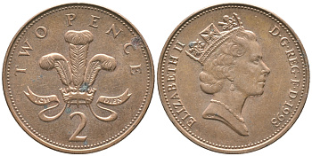 Великобритания 2 пенса 1993 Елизавета II (1952-2022) KM 936а, Spink 4386 (C4) сталь плакированная медью 4397-425