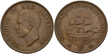 ЮАР 1 пенни 1939 Георг VI (1937-1952) KM 25 бронза 38-812