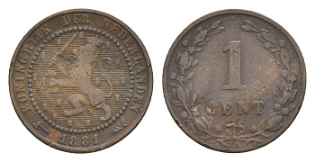 Нидерланды 1 цент 1881 Виллем III (1849-1890) KM 107 бронза 66-134