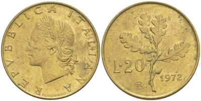 ИТАЛИЯ 20 ЛИР 1972 R, ДУБОВЫЕ ЛИСТЬЯ KM 97.2 алюминиевая бронза 4551-253