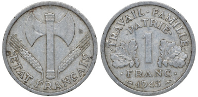 Франция 1 франк 1943 правительство Виши KM 902.1, Le Franc 223.3 алюминий 4163-425