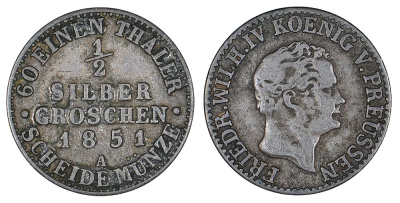 ПРУССИЯ 1/2 ЗИЛЬБЕРГРОША 1851 A KM 434 серебро 00-00