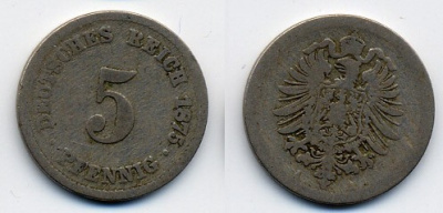ГЕРМАНИЯ 5 ПФЕННИГОВ 1875 A, СТАРОГЕРБОВКА KM 3, J.3 медно-никель 46-423