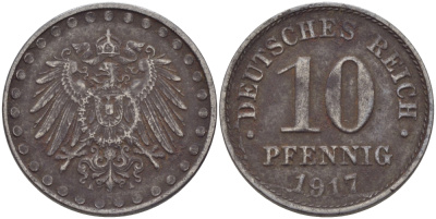 ГЕРМАНИЯ 10 ПФЕННИГОВ 1917 A, KM 20, J. 298 железо 28-436