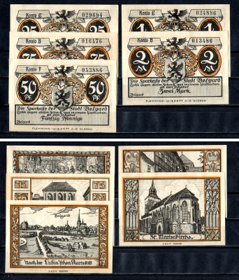 Белгард (Пруссия, Померания) полный набор из 5 нотгельдов (25, 50 и 75 пфеннигов; 1 и 2 марки) 1918 Mehl Grabowski 69.1a бумага UNC (пресс) 7556-47-3-2