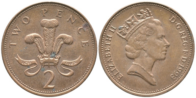 Великобритания 2 пенса 1993 Елизавета II (1952-2022) KM 936а, Spink 4386 (C4) сталь плакированная медью 4397-425