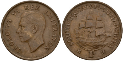 ЮАР 1 пенни 1939 Георг VI (1937-1952) KM 25 бронза 38-812