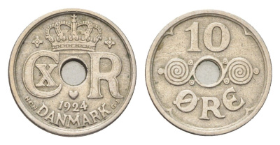 Дания 10 эре 1924 HCN; GJ, Кристиан X (1912-1947) KM 822 медно-никель 4705-734
