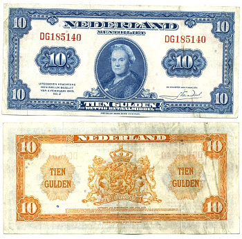 НИДЕРЛАНДЫ 10 ГУЛЬДЕНОВ 1943 Pick 66 бумага 7116-3-3