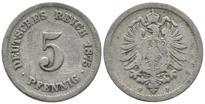 ГЕРМАНИЯ 5 ПФЕННИГОВ 1875 F, СТАРОГЕРБОВКА KM 3, J. 3 медно-никель 39-342