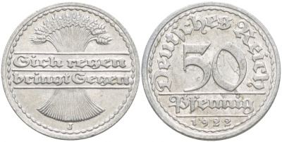 ГЕРМАНИЯ 50 ПФЕННИГОВ 1922 J KM 27, J. 301, Weege 10 алюминий 4539-747