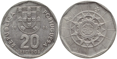ПОРТУГАЛИЯ 20 ЭСКУДО 1986 INCM KM 634.1 медно-никель 4395-937