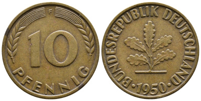 ФРГ 10 ПФЕННИГОВ 1950 F KM 108, J.383 сталь плакированная латунью 56-1011