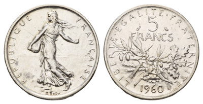 Франция 5 франков 1960 KM 926 серебро 183-1057