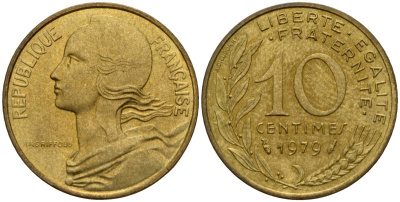 Франция 10 сантимов 1979 KM 929 алюминиевая бронза 4152-1062