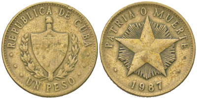 Куба 1 песо 1987 KM 105, Schoen A34 латунь 4616-1015