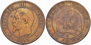 ФРАНЦИЯ 10 САНТИМОВ 1855 BB, НАПОЛЕОН III (1852-1870) KM 771.3, LE FRANC 133.23 бронза 38-1124