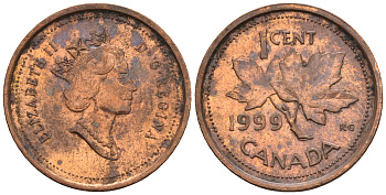 Канада 1 цент 1999 Елизавета II (1952-2022), кленовый лист KM 289 сталь плакированная медью 4609-261