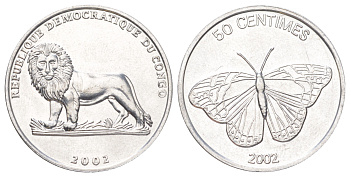 ДР Конго 50 сантимов 2002 Животные - Бабочка KM 80 алюминий UNC 4619-113