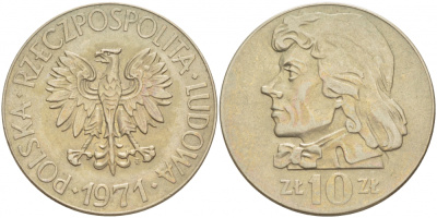 ПОЛЬША 10 ЗЛОТЫХ 1971 MW, ТАДЕУШ КОСТЮШКО KM 50a медно-никель 4517-821