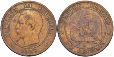 Франция 10 сантимов 1855 BB, Наполеон III (1852-1870) KM 771.3, Le Franc 133.23 бронза    4680-524