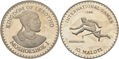 Лесото 10 малоти 1984 международные игры - бег с барьерами, UNUSUAL KM X#3 медно-никель PROOF 1098-5-11