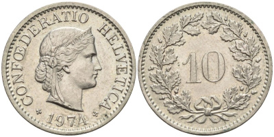 Швейцария 10 раппенов 1974 KM 27 медно-никель 4152-562