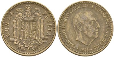 Испания 1 песета 1966 (67) Франсиско Франко (1939-1975) KM 796 алюминиевая бронза 4604-341