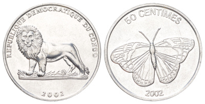 ДР Конго 50 сантимов 2002 Животные - Бабочка KM 80 алюминий UNC 4619-113