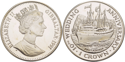 Гибралтар 1 крона 1991 10 лет королевской свадьбы, королевская яхта Британия KM 86 медно-никель BUNC 1084-8-24