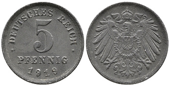 ГЕРМАНИЯ 5 ПФЕННИГОВ 1919 E KM 19, J. 297 железо 39-263