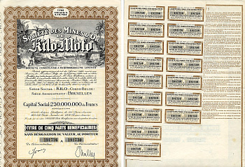 Бельгийское Конго 5 паев 1926 Акционерное Общество "Золотые Рудники Кило-Мото", Брюссель. Неполный купонный лист.  бумага    5547-43-1-2