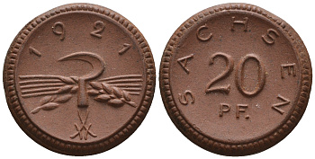 Саксония 20 пфеннигов 1921 колосья и серп J. N 53 фарфор UNC 1094-7-83