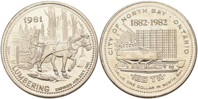 Канада жетон 1981 Souvenir dollar, серия 100 лет Онтарио (1882-1982), лесозаготовки никель 4590-844