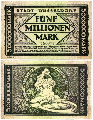Германия, Дюссельдорф 5000000 марок 1923 нотгельд, первый выпуск   бумага   435-6-1-1