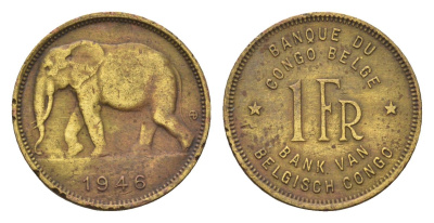 Бельгийское Конго 1 франк 1946 слон, Леопольд III KM 26 латунь 4669-418