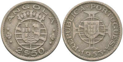 Ангола 2 1/2 эскудо 1953 KM 77 медно-никель 4621-652