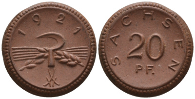 Саксония 20 пфеннигов 1921 колосья и серп J. N 53 фарфор UNC 1094-7-83