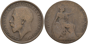 Великобритания 1/2 пенни 1914 Георг V (1910-1936) KM 809, Spink 4056 бронза 4143-647