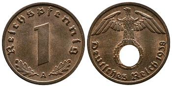 Германия 1 рейхспфенниг 1938 A KM 89, J. 361 бронза    220-261
