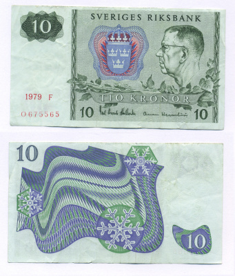 ШВЕЦИЯ 10 КРОН 1979 СЕРИЯ F, ГУСТАВ VI АДОЛЬФ Pick 52d бумага 6317-42-3