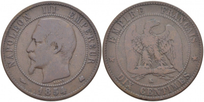 ФРАНЦИЯ 10 САНТИМОВ 1854 K, НАПОЛЕОН III (1852-1870) KM 771.5 бронза 114-1233