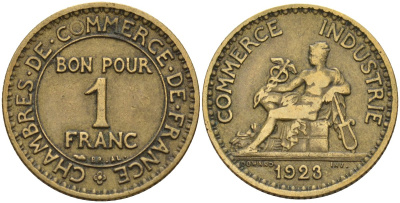 Франция 1 франк 1923 KM 876, Le Franc 218.5 алюминиевая бронза 4142-726