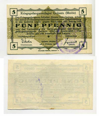 Германия 5 пфеннигов 1916 Голцерн (Мюльде), лагерь военнопленных C-3012 бумага aUNC 7555-50-4-1
