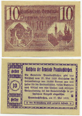 Австрия, Прамбахкирхен 10 геллеров 1920 27 мая 1920, нотгельд, ярмарочная коммуна в Верхней Австрии   бумага  UNC (пресс) 7221-35-1-2